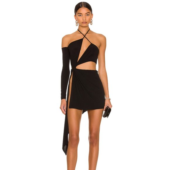 NEW MONOT Cut Out Mini Dress in Black Sexy Cutout Asymmetrical 2 / XS - Picture 1 of 4